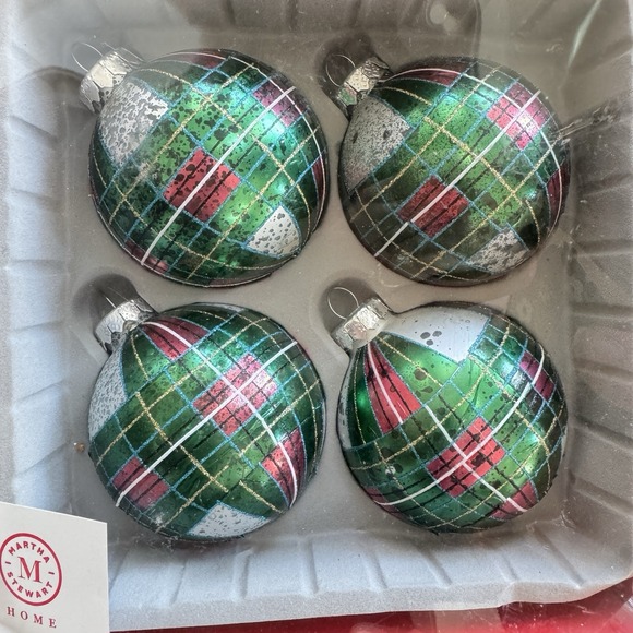 Martha Stewart Other - New Martha Stewart Home PLAID Glass‎ Christmas Ornament Balls Set Of 4 Green